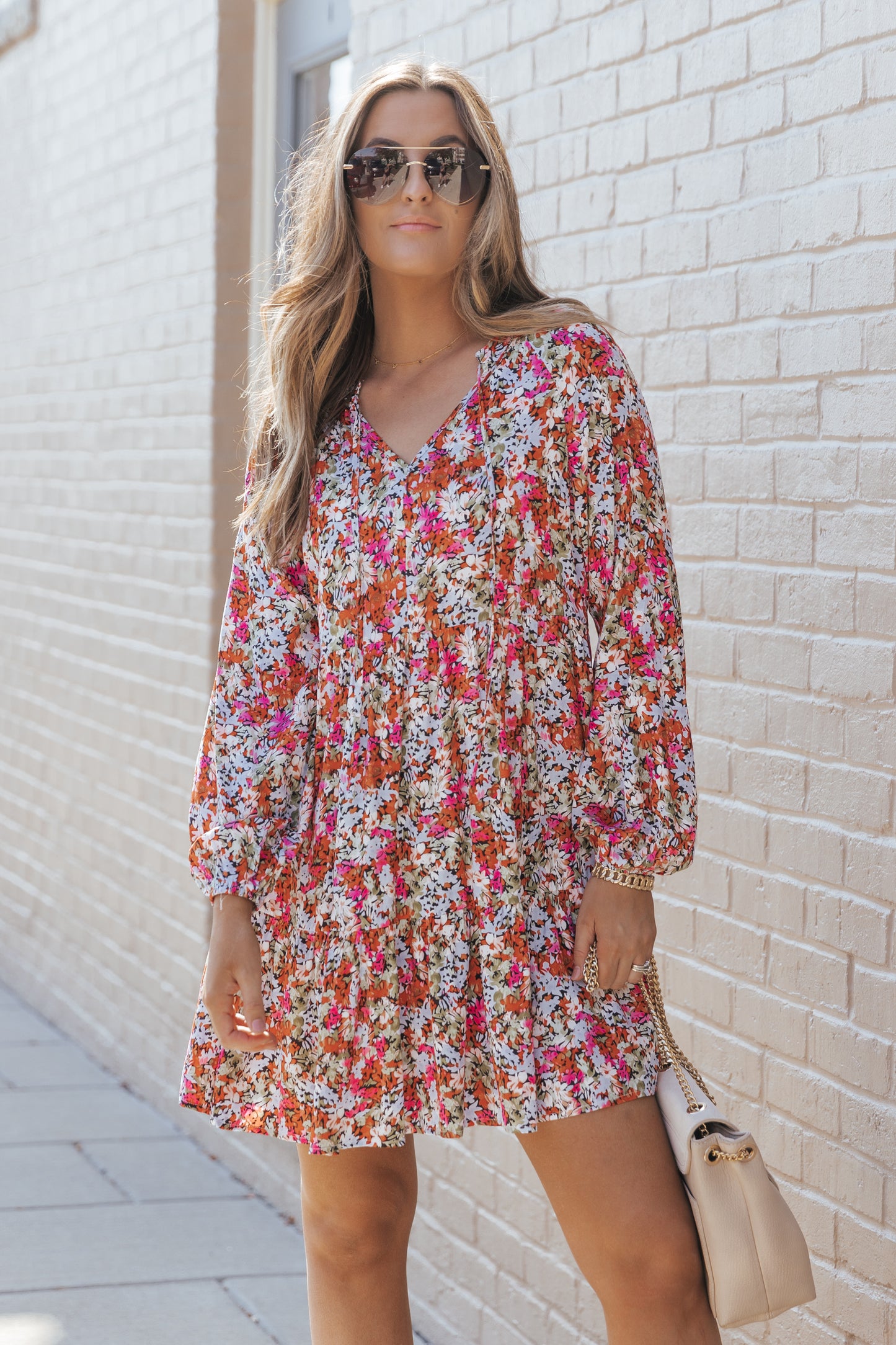 Multicolor Floral Neck Tie Long Sleeve Flared Dress