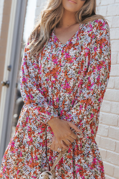 Multicolor Floral Neck Tie Long Sleeve Flared Dress