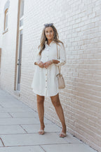 Apricot Textured Roll-Up Sleeve Button Front Dress