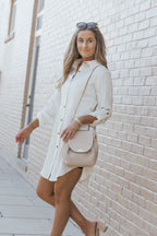 Apricot Textured Roll-Up Sleeve Button Front Dress