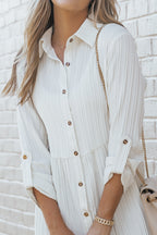 Apricot Textured Roll-Up Sleeve Button Front Dress