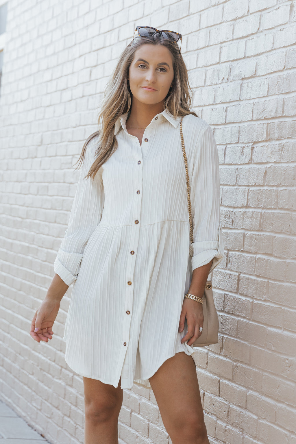 Apricot Textured Roll-Up Sleeve Button Front Dress