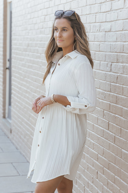 Apricot Textured Roll-Up Sleeve Button Front Dress