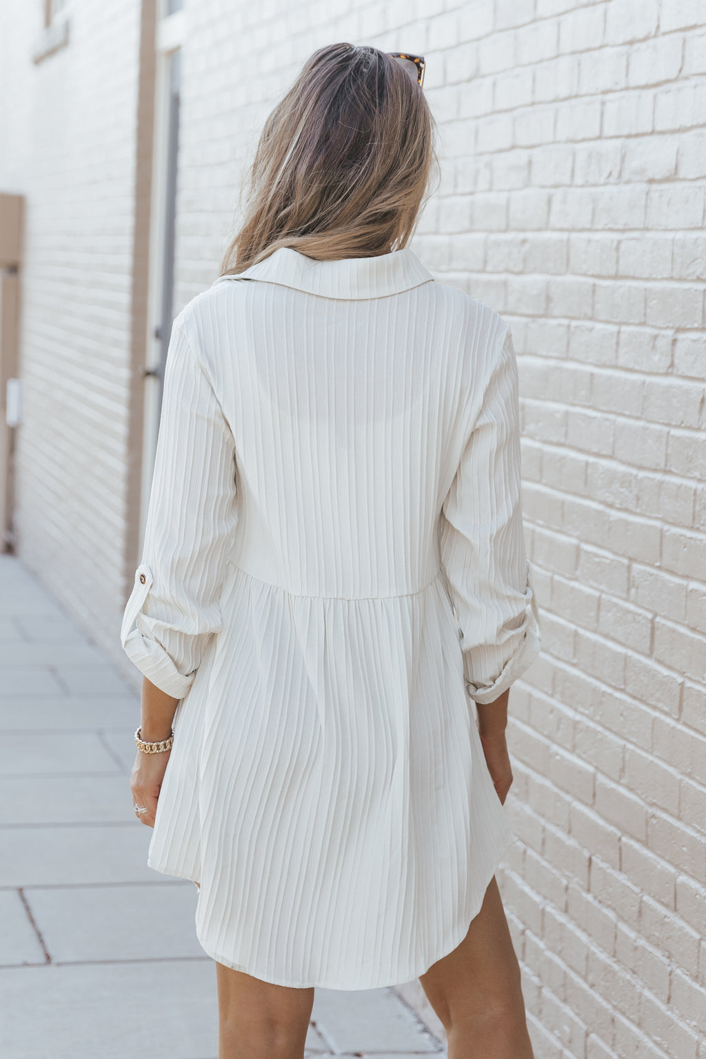 Apricot Textured Roll-Up Sleeve Button Front Dress