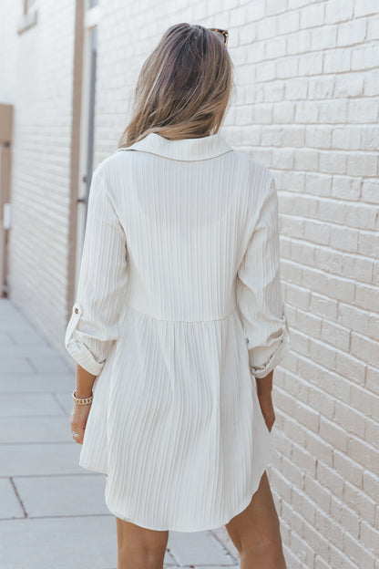 Apricot Textured Roll-Up Sleeve Button Front Dress