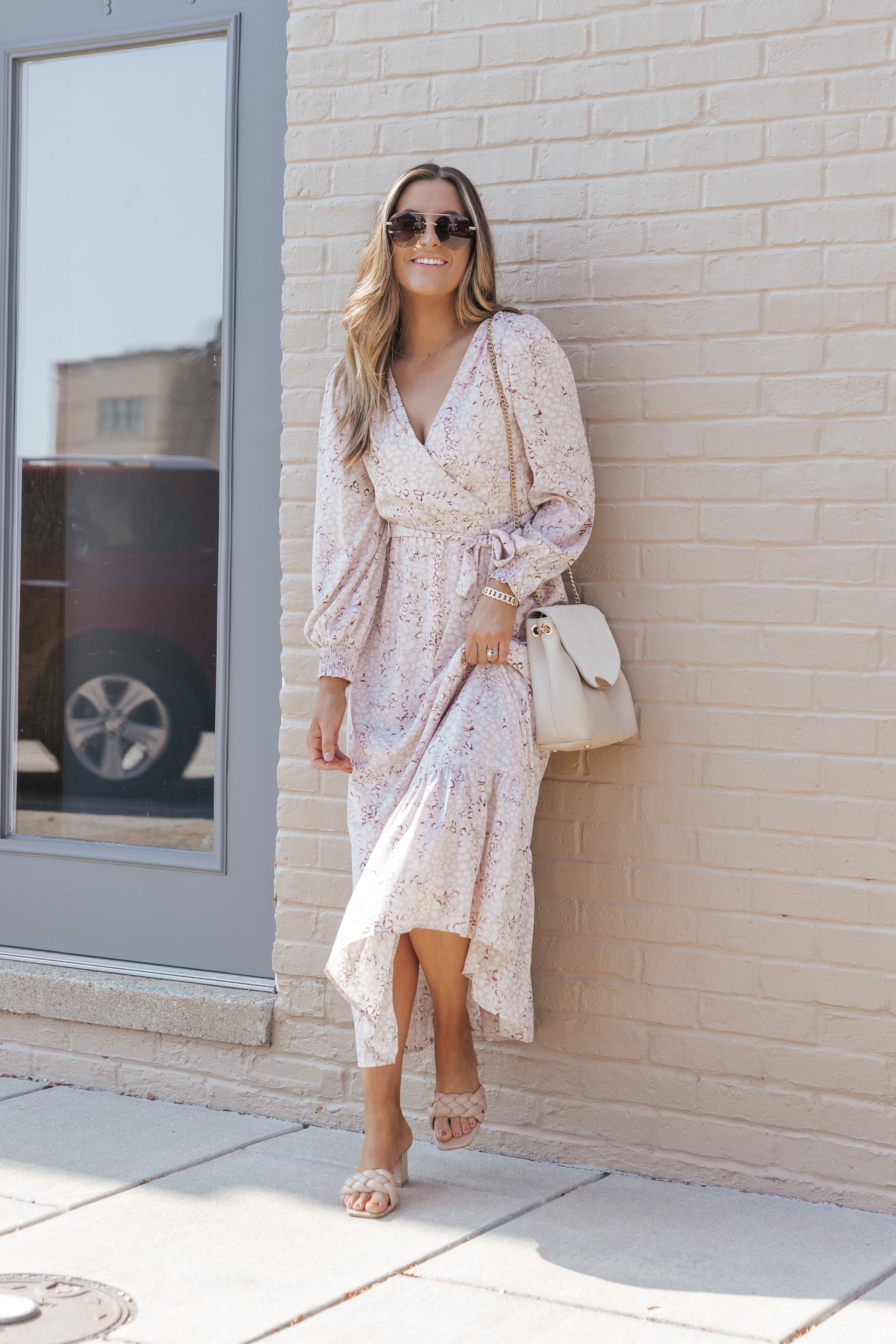 Leopard Surplice Neck Bubble Sleeve Maxi Dress with Sash