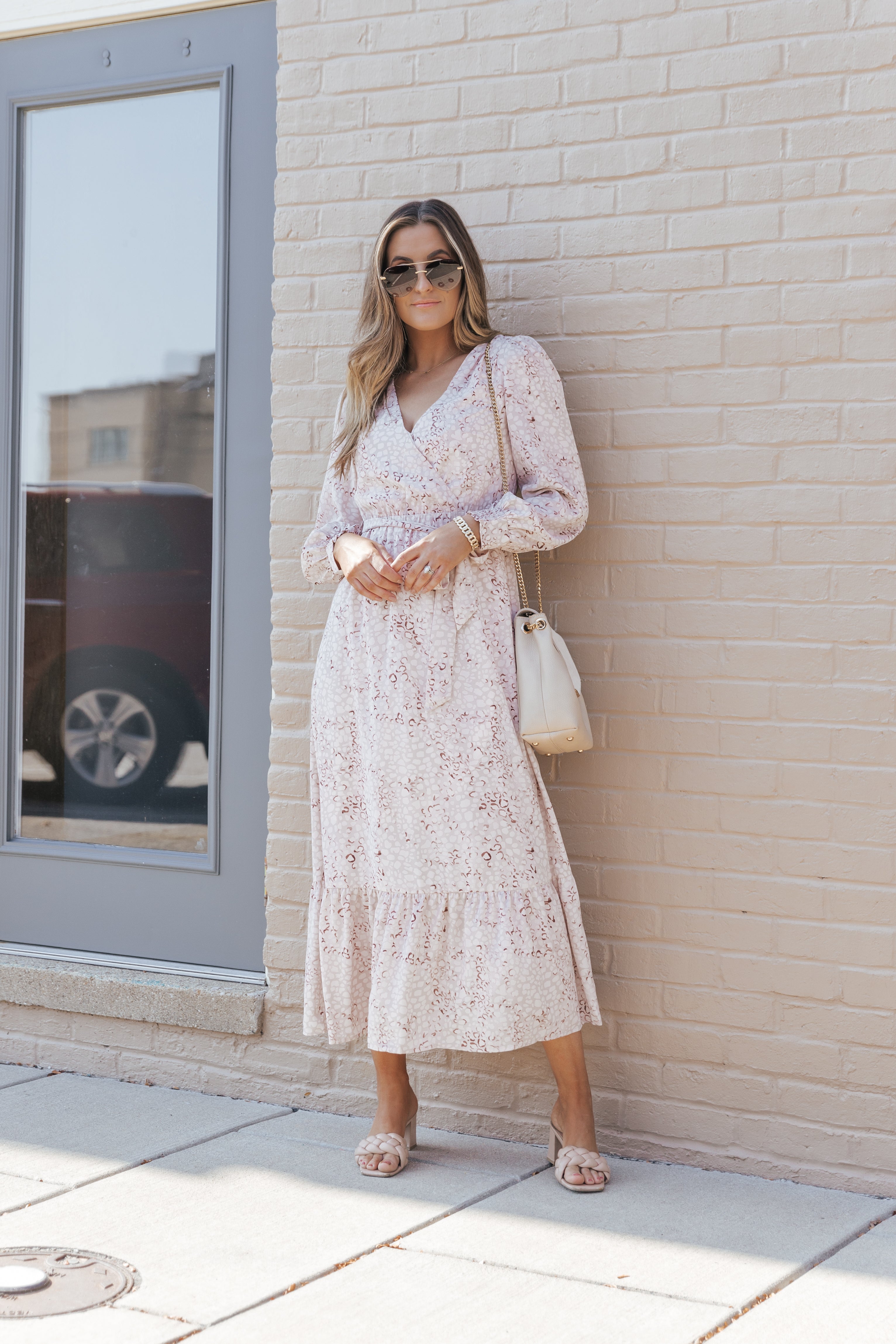 Leopard Surplice Neck Bubble Sleeve Maxi Dress with Sash