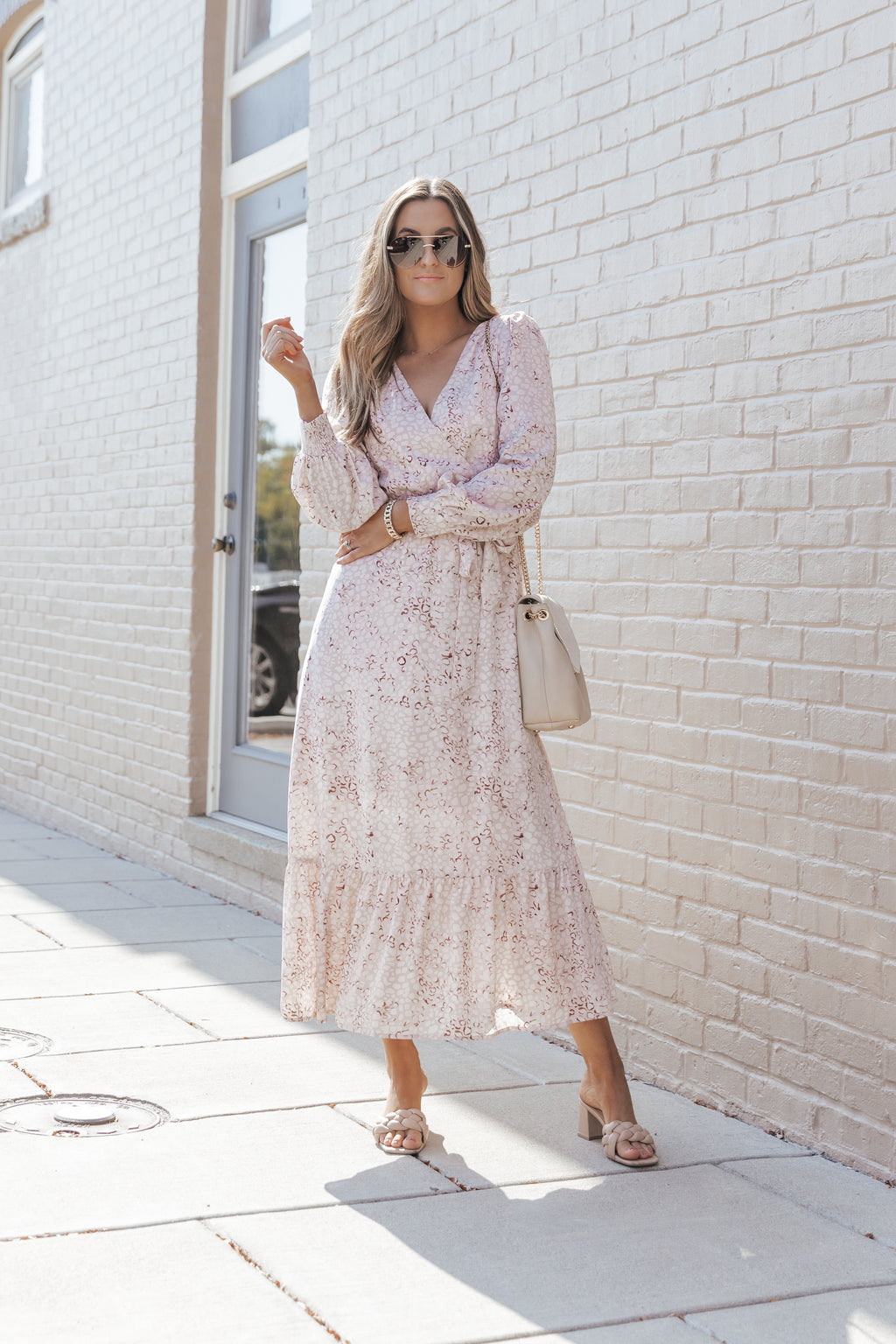 Leopard Surplice Neck Bubble Sleeve Maxi Dress with Sash