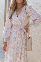 Leopard Surplice Neck Bubble Sleeve Maxi Dress with Sash