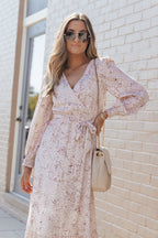 Leopard Surplice Neck Bubble Sleeve Maxi Dress with Sash