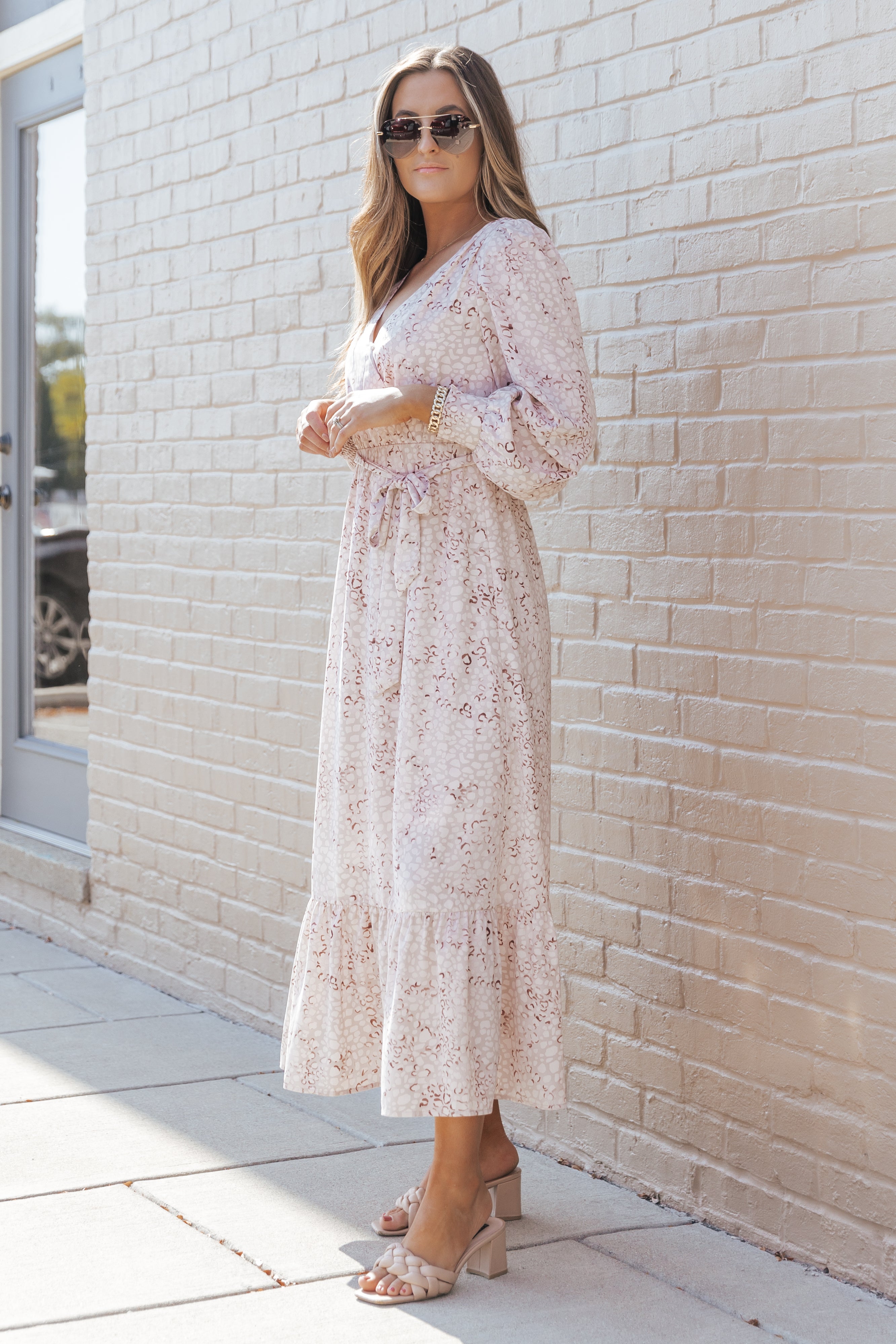 Leopard Surplice Neck Bubble Sleeve Maxi Dress with Sash