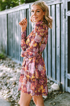 Multicolor Shirred High Neck Lace-up High Waist Floral Dress
