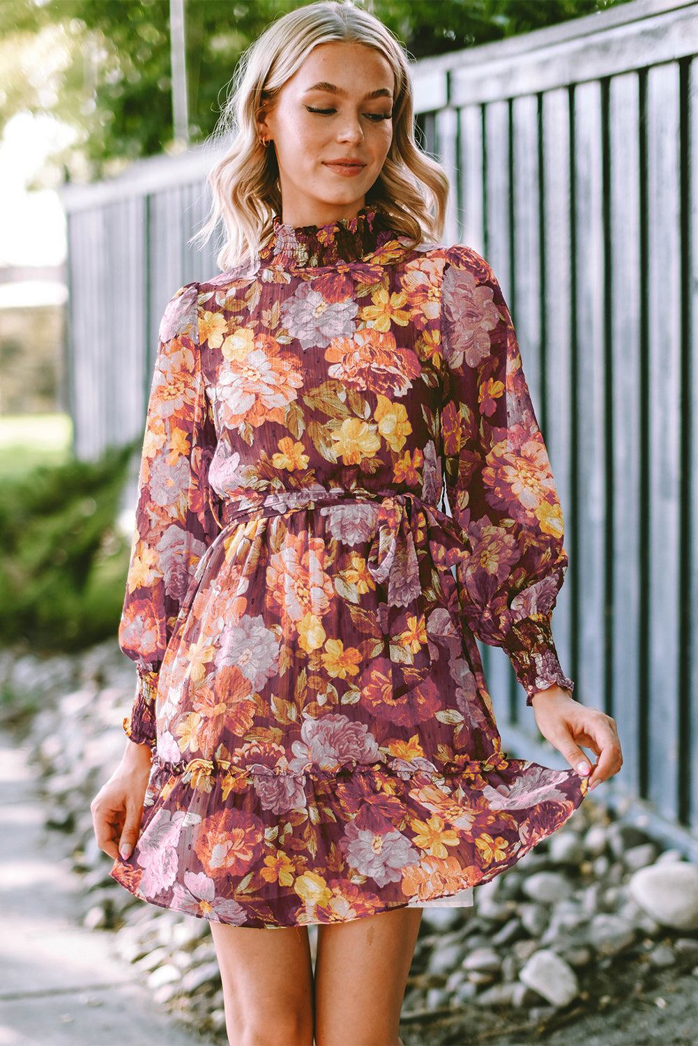 Multicolor Shirred High Neck Lace-up High Waist Floral Dress