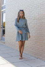 Pickle Green Button Neck Puff Sleeve Belted Pleated Mini Dress
