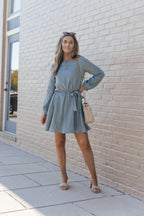 Pickle Green Button Neck Puff Sleeve Belted Pleated Mini Dress