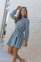 Pickle Green Button Neck Puff Sleeve Belted Pleated Mini Dress