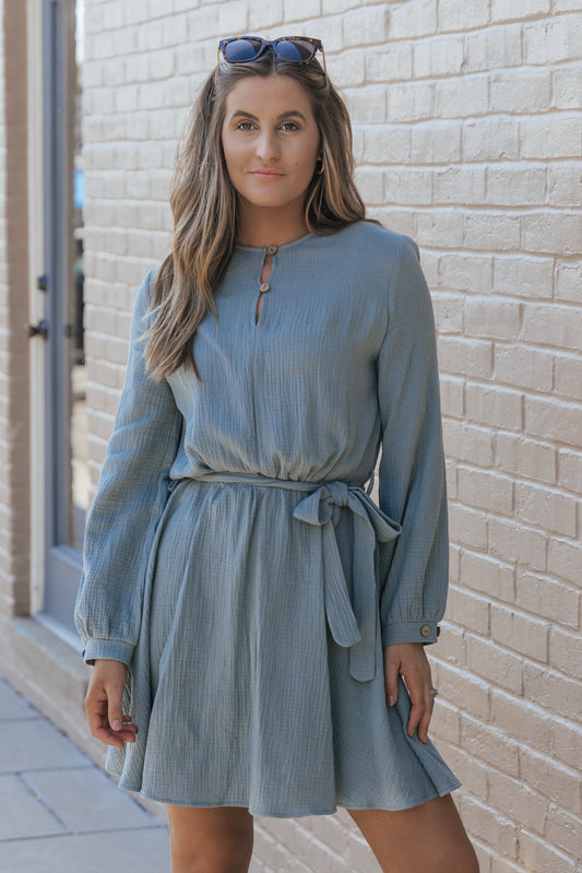 Pickle Green Button Neck Puff Sleeve Belted Pleated Mini Dress