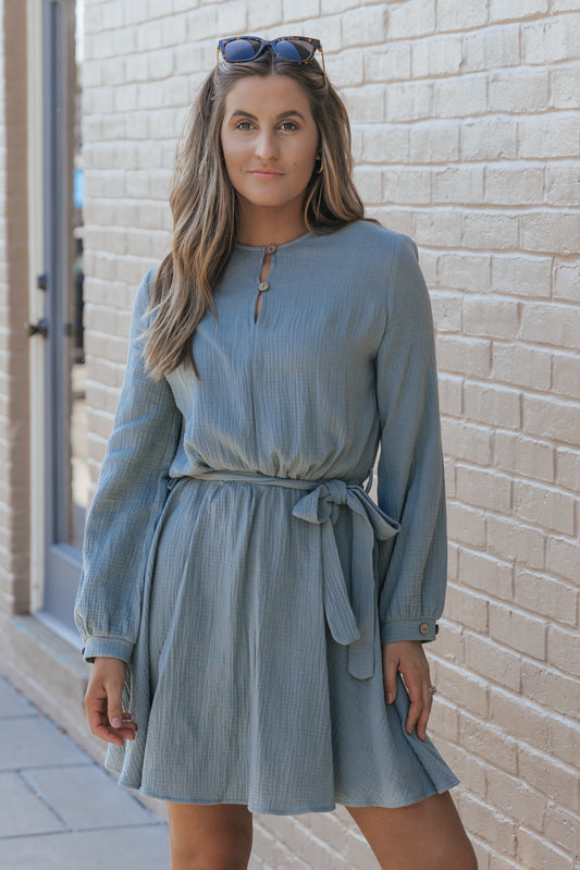 Pickle Green Button Neck Puff Sleeve Belted Pleated Mini Dress