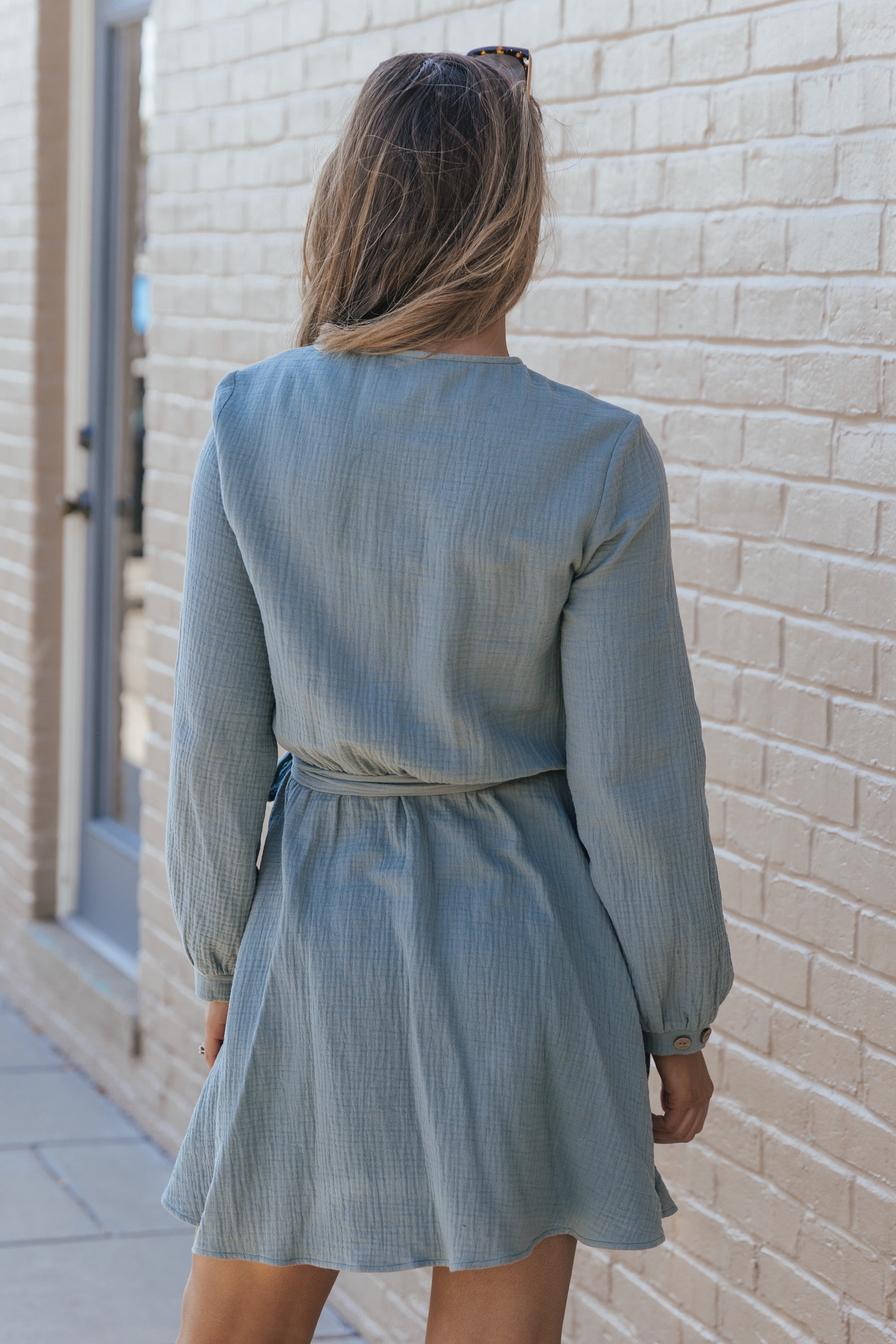 Pickle Green Button Neck Puff Sleeve Belted Pleated Mini Dress