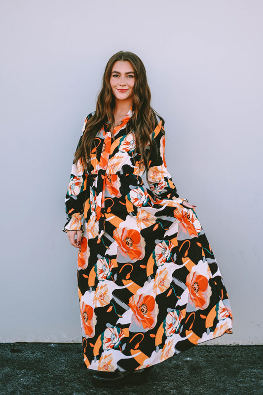 Orange Floral Print Tie Neck Long Sleeve Dress