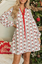 White Father Christmas Striped Print Contrast Collar Button Front Long Sleeve A-line Mini Dress