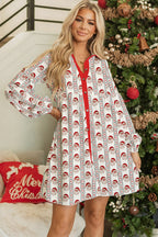 White Father Christmas Striped Print Contrast Collar Button Front Long Sleeve A-line Mini Dress