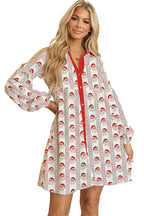 White Father Christmas Striped Print Contrast Collar Button Front Long Sleeve A-line Mini Dress