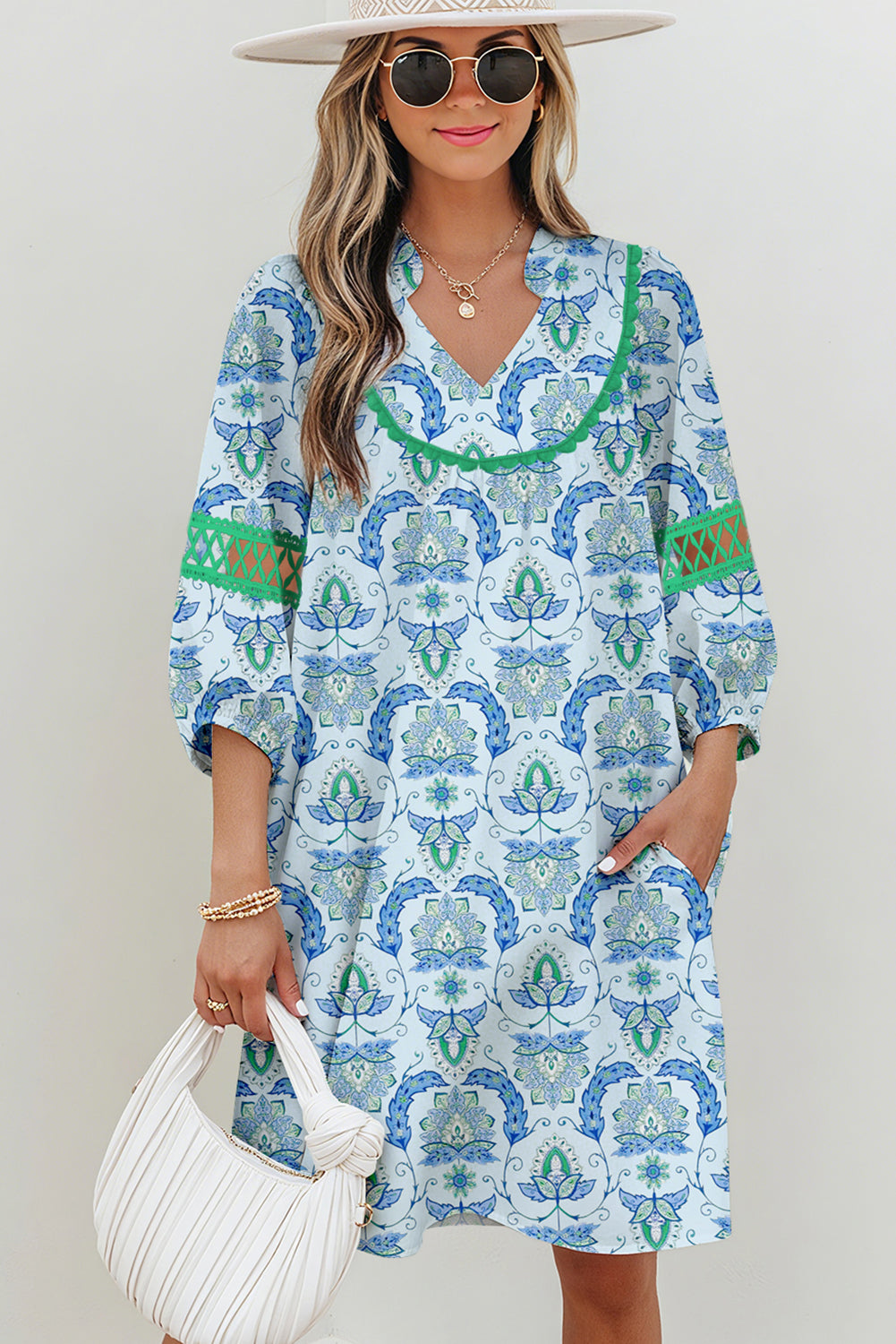 Sky Blue Boho Paisley Print Contrasted Patchwork Detail Bracelet Sleeve Loose Mini Dress