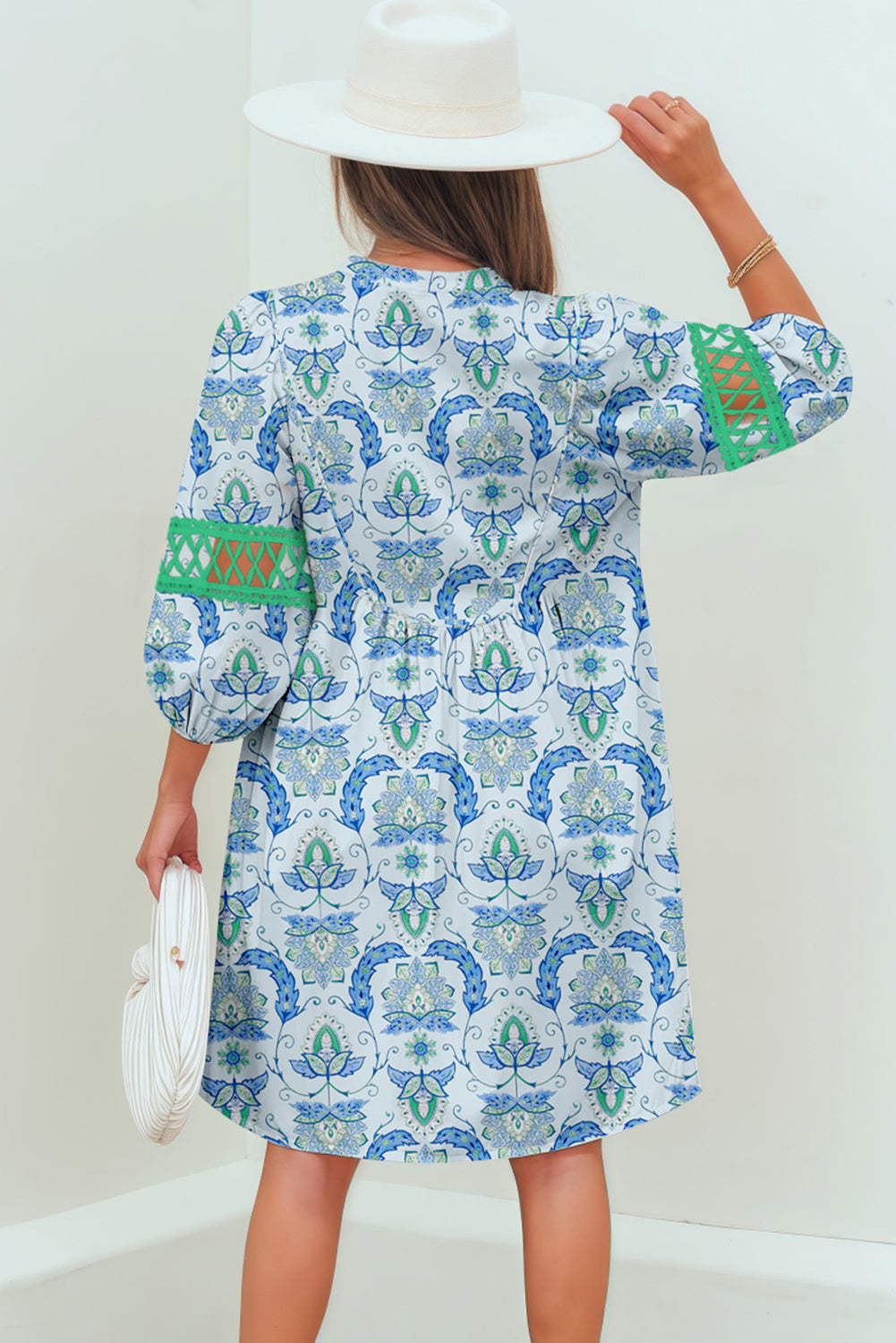 Sky Blue Boho Paisley Print Contrasted Patchwork Detail Bracelet Sleeve Loose Mini Dress