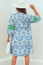 Sky Blue Boho Paisley Print Contrasted Patchwork Detail Bracelet Sleeve Loose Mini Dress