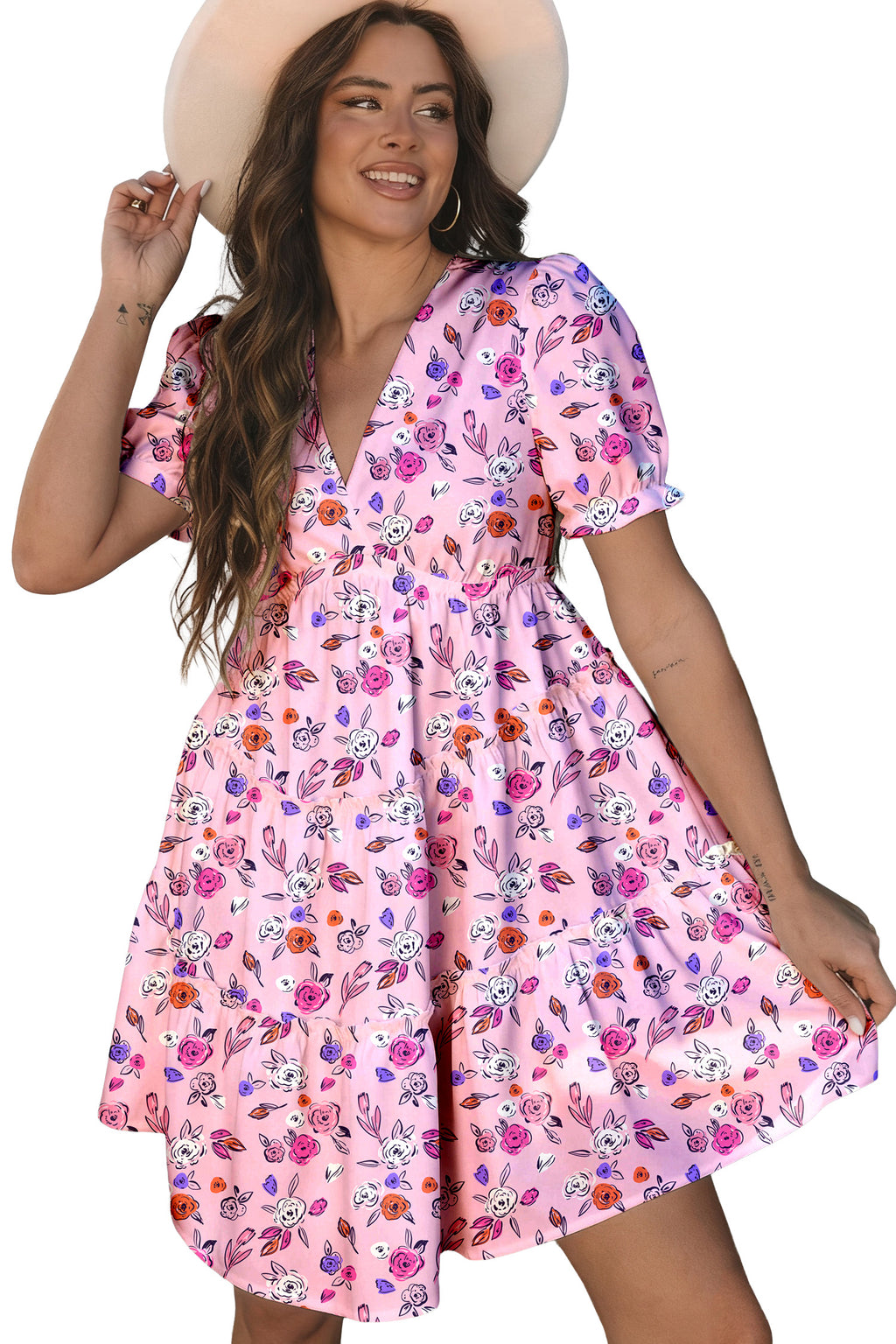 Pink Playful Rose Printed V Neck Empire Waist Flared Short Dress
