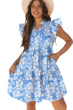 Sky Blue Oceanic Floral Print Tie V Neck Flutter Sleeve Mini Dress