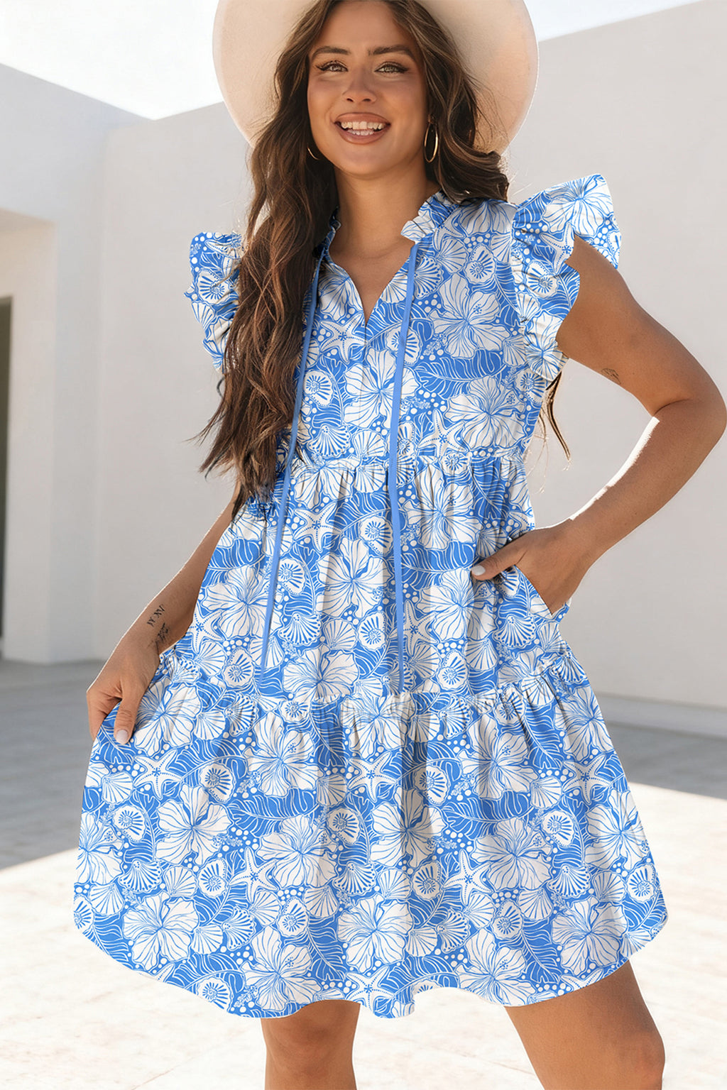 Sky Blue Oceanic Floral Print Tie V Neck Flutter Sleeve Mini Dress