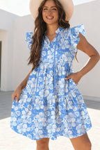 Sky Blue Oceanic Floral Print Tie V Neck Flutter Sleeve Mini Dress