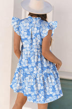Sky Blue Oceanic Floral Print Tie V Neck Flutter Sleeve Mini Dress