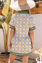 Multicolour Boho Geometric Flower Print Short Sleeve Loose Mini Dress