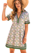 Multicolour Boho Geometric Flower Print Short Sleeve Loose Mini Dress