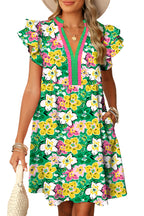 Green Floral Print Ruffle Short Sleeve Contrast Trim V Neck Mini Dress