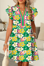 Green Floral Print Ruffle Short Sleeve Contrast Trim V Neck Mini Dress