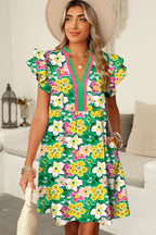 Green Floral Print Ruffle Short Sleeve Contrast Trim V Neck Mini Dress