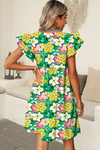 Green Floral Print Ruffle Short Sleeve Contrast Trim V Neck Mini Dress