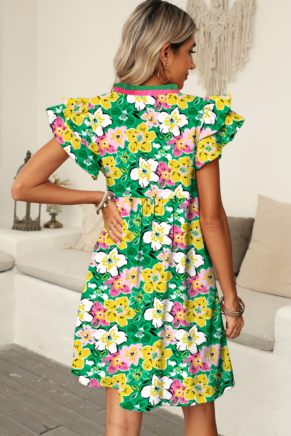 Green Floral Print Ruffle Short Sleeve Contrast Trim V Neck Mini Dress