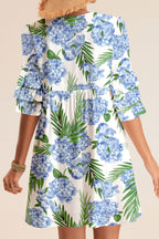 Sky Blue Palm Floral Print Contrast Ribbon Knot Ruffle Tiered Sleeve Mini Dress