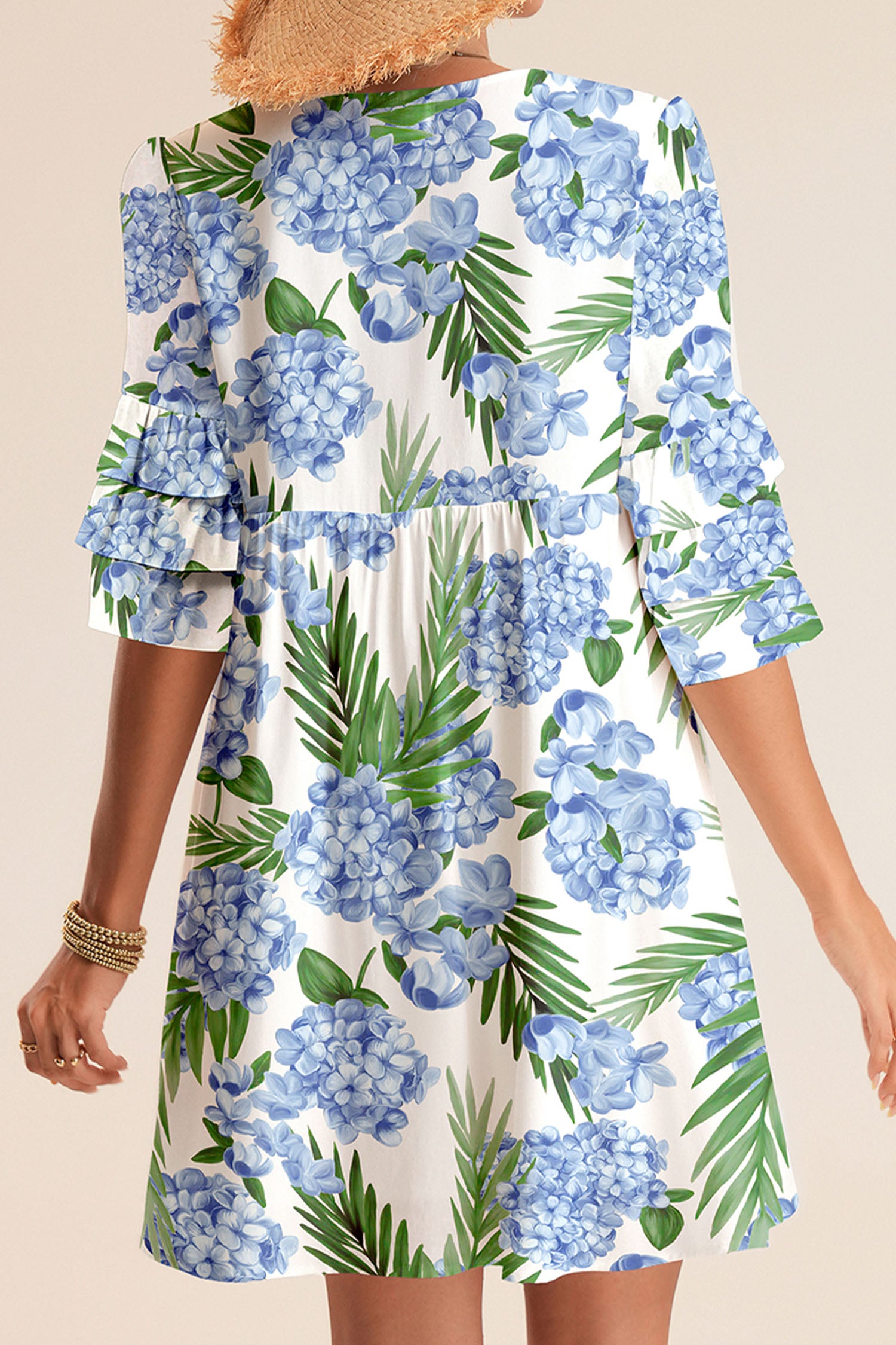 Sky Blue Palm Floral Print Contrast Ribbon Knot Ruffle Tiered Sleeve Mini Dress