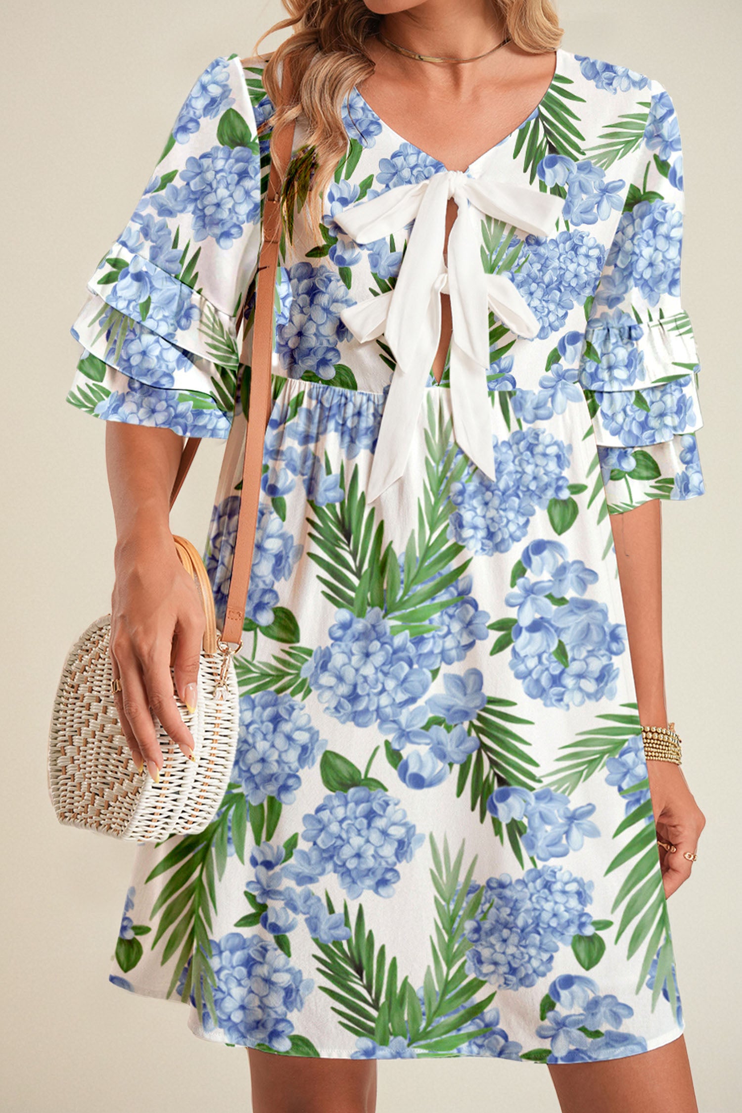 Sky Blue Palm Floral Print Contrast Ribbon Knot Ruffle Tiered Sleeve Mini Dress