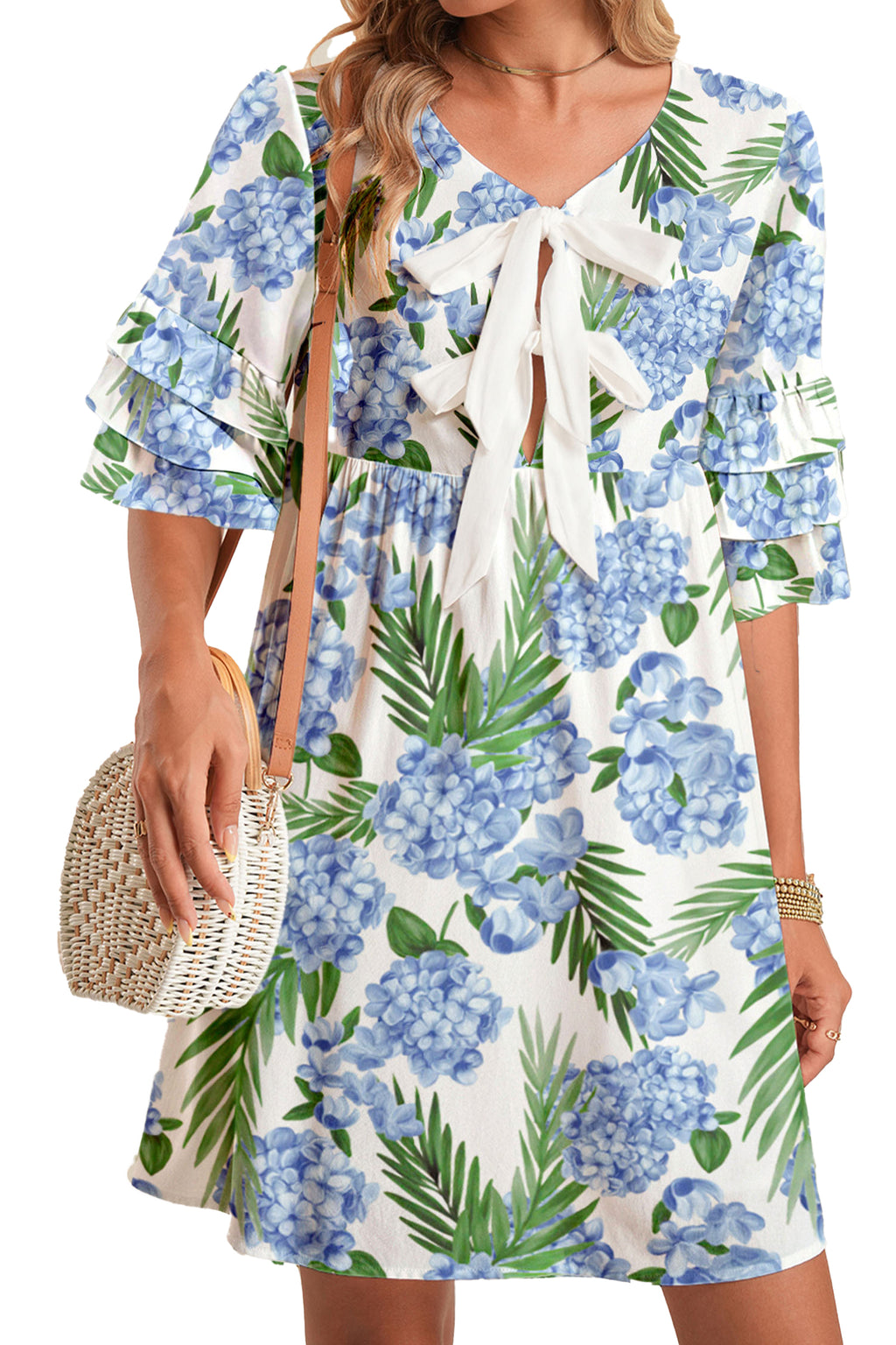 Sky Blue Palm Floral Print Contrast Ribbon Knot Ruffle Tiered Sleeve Mini Dress