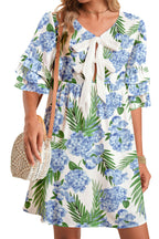 Sky Blue Palm Floral Print Contrast Ribbon Knot Ruffle Tiered Sleeve Mini Dress