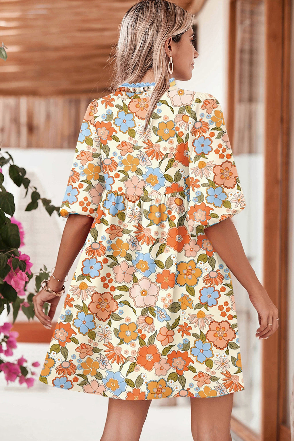 Multicolour Floral Print Lace Trim V Neck Puffy Half Sleeve Mini Dress