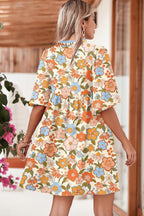 Multicolour Floral Print Lace Trim V Neck Puffy Half Sleeve Mini Dress