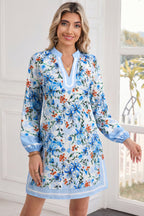 Sky Blue Slit V Neck Puff Sleeve Loose Floral Dress